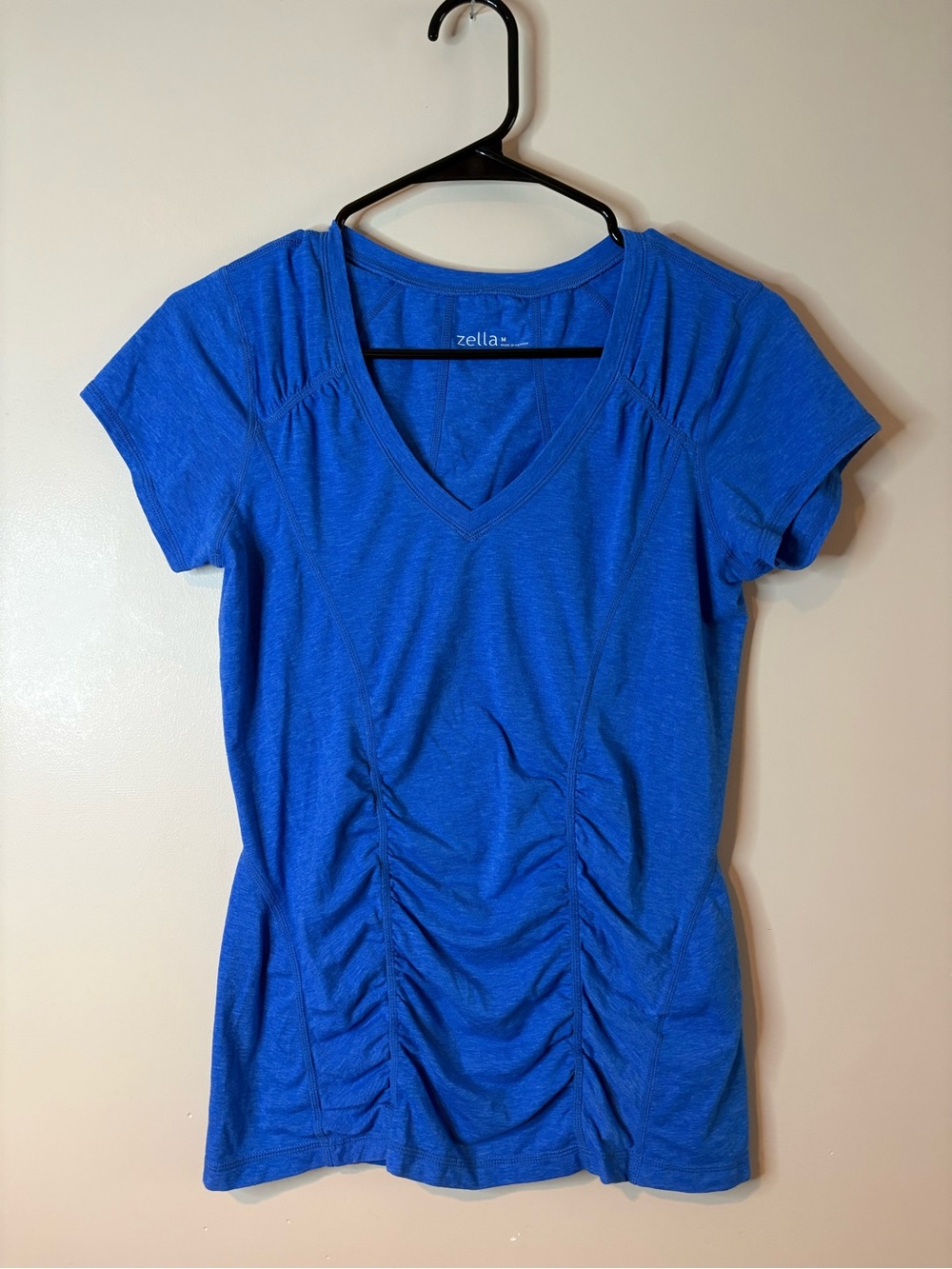 Zella Bright Blue Short Sleeve Ruched V-Neck Active Top NWOT